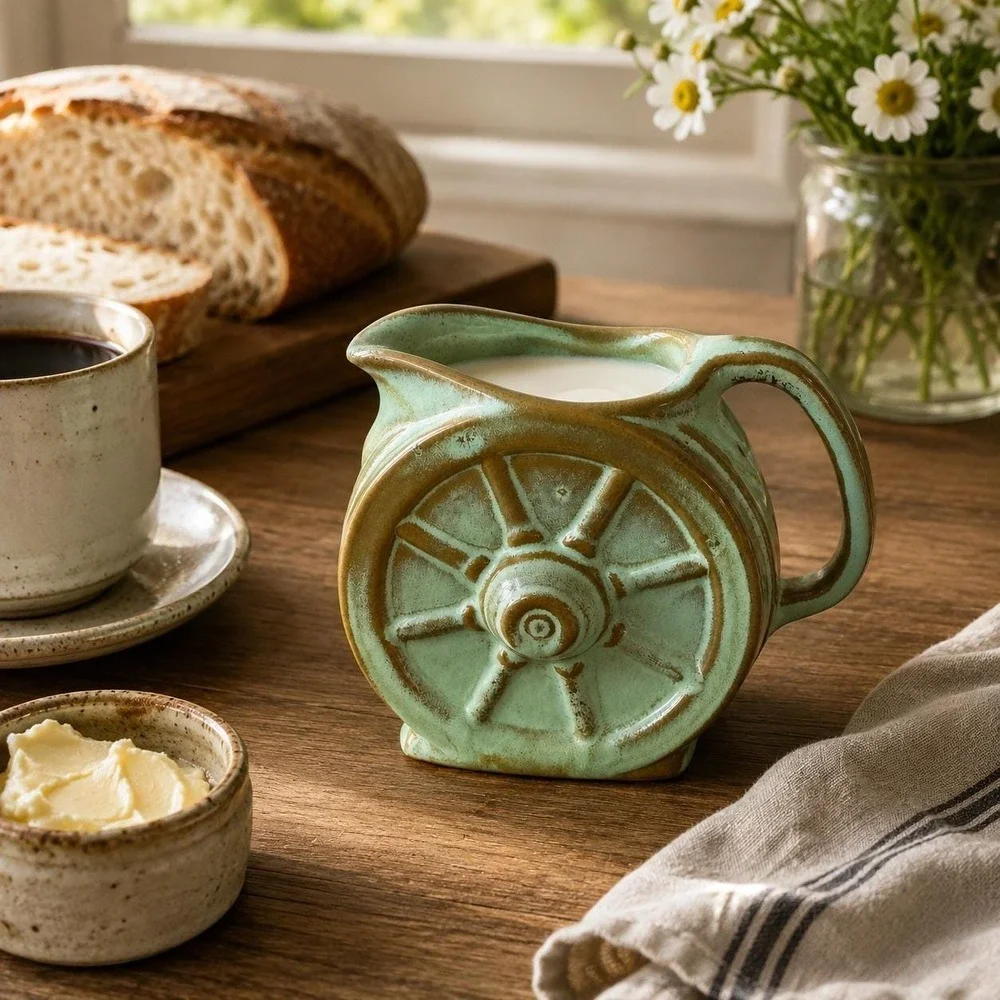 Vintage Frankoma Wagon Wheel Pitcher - Prairie Green Pottery Creamer - Ada Clay